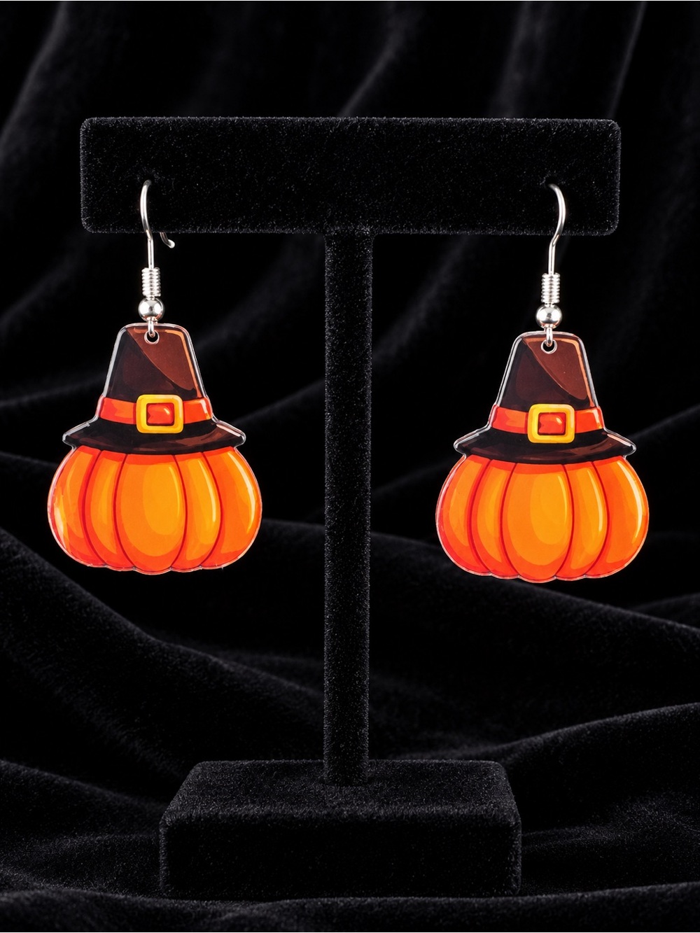 Fall Pumpkin and Pilgrim Hat Drop Earrings in Orange and Black 2D